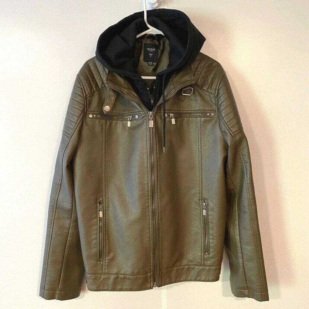 Guess Mens Moto Biker Jacket Brown Taupe Hood Faux